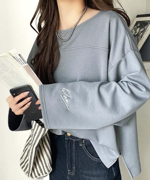 classicalelf(クラシカルエルフ)の「滑らか&艶やか。ダンボールボートネック袖刺繍ロンT(長袖)(Tシャツ/カットソー・レディース・チャコール/オートミール/ブラック/グレイッシュベージュ/ブルー/オフホワイト・LARGE/MEDIUM/SMALL/X-LARGE)」の7枚目の写真