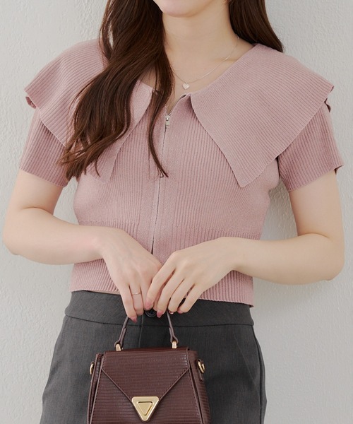 continuer de NICE CLAUP（コンティニューデナイスクラップ）の「BIG衿ラメZIPカーディガン（カーディガン/ボレロ・レディース・ブラック/ピンク/アイボリー/ブラウン・FREE）」の4枚目の写真