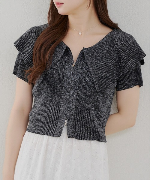 continuer de NICE CLAUP（コンティニューデナイスクラップ）の「BIG衿ラメZIPカーディガン（カーディガン/ボレロ・レディース・ブラック/ピンク/アイボリー/ブラウン・FREE）」の3枚目の写真