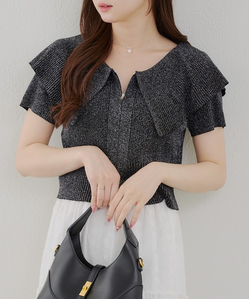 continuer de NICE CLAUP（コンティニューデナイスクラップ）の「BIG衿ラメZIPカーディガン（カーディガン/ボレロ・レディース・ブラック/ピンク/アイボリー/ブラウン・FREE）」の20枚目の写真