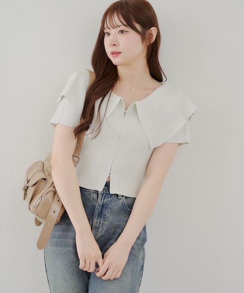 continuer de NICE CLAUP（コンティニューデナイスクラップ）の「BIG衿ラメZIPカーディガン（カーディガン/ボレロ・レディース・ブラック/ピンク/アイボリー/ブラウン・FREE）」の6枚目の写真