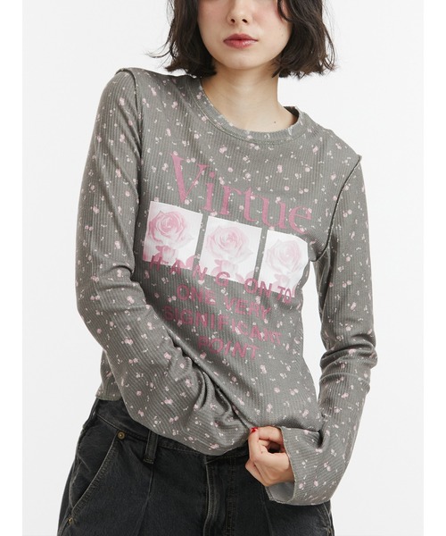 jouetie(ジュエティ)の「グランジワッフルロンT 花柄(Tシャツ/カットソー・レディース・ブラック/オフホワイト/カーキ・MEDIUM)」の1枚目の写真