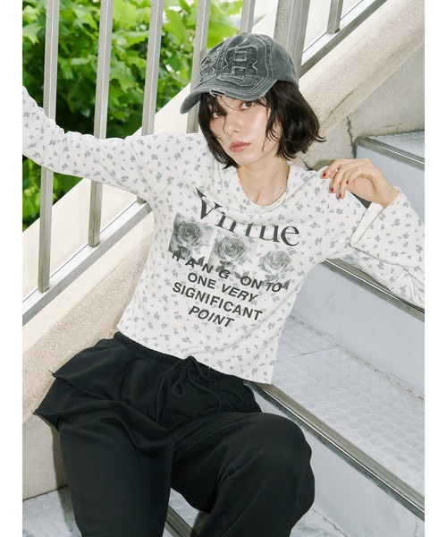 グランジワッフルロンT 花柄（Tシャツ/カットソー）｜jouetie