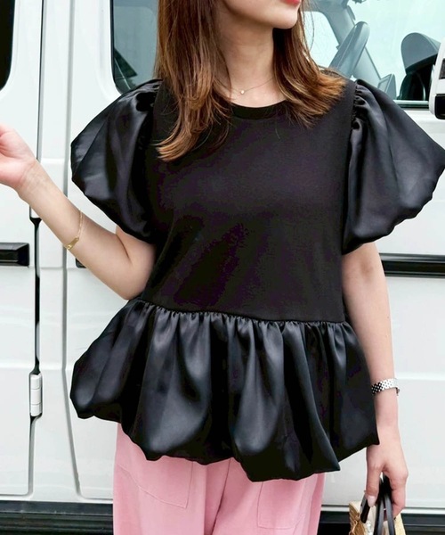 M y u(ミュー)の「サテンペプラムバルーンTシャツ(Tシャツ/カットソー・レディース・ホワイト/ブラック・FREE)」の19枚目の写真