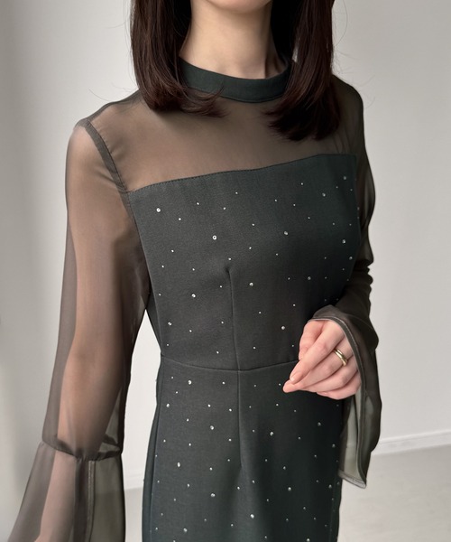 水色 Vネック タイトドレス ベルスリーブ JUNOAH｜ベルスリーブキラキラタイトドレス | Rakuten Fashion