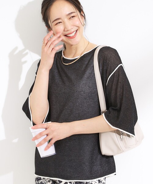 Cutie Blonde（キューティーブロンド）の「【S-LL/2点セット】配色使いがアクセント 半袖ニット+タンクトップ（その他トップス・レディース・ブルー系4/ブラック系4/アイボリー系4/ライトグレー系4・04/03/02/01）」の2枚目の写真