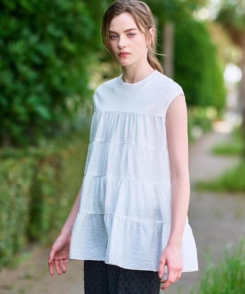 DRESSTERIOR（ドレステリア）の「◆【接触冷感/イージーケア】ティアードコンビカットソー（Tシャツ/カットソー・レディース・オフホワイト/ネイビー/キャメル・34/36/38）」の5枚目の写真