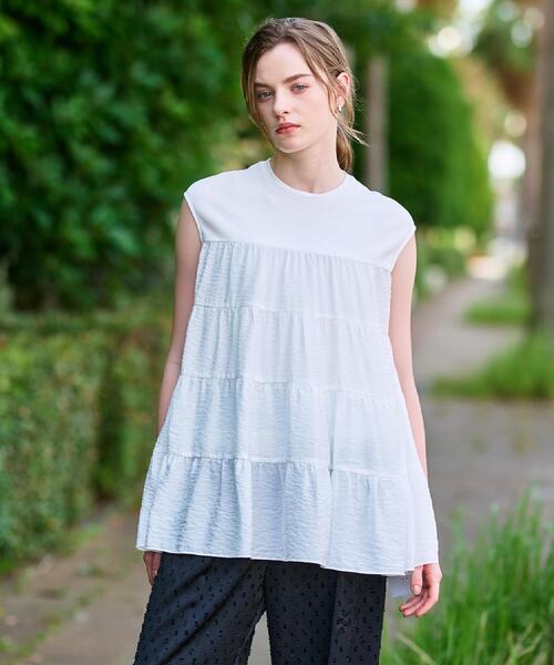 DRESSTERIOR（ドレステリア）の「◆【接触冷感/イージーケア】ティアードコンビカットソー（Tシャツ/カットソー・レディース・オフホワイト/ネイビー/キャメル・34/36/38）」の7枚目の写真
