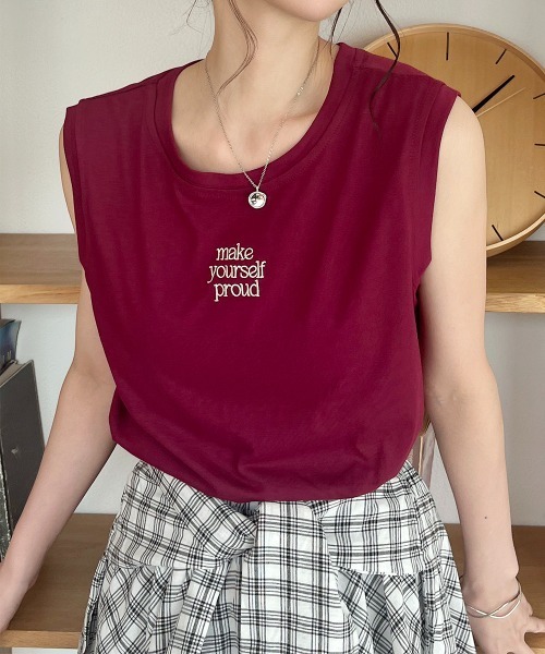 Rejoule(リジュール)の「前後2WAY ロゴ刺繍ノースリーブTシャツ(Tシャツ/カットソー・レディース・ブラック/ボルドー/オフホワイト・FREE)」の1枚目の写真