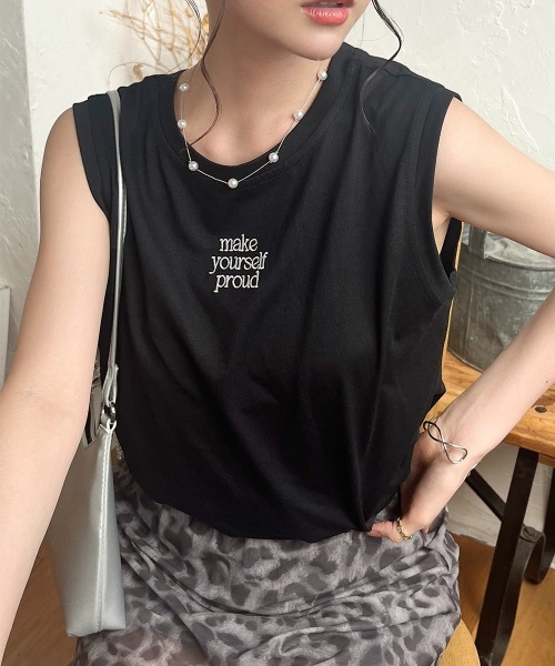 Rejoule(リジュール)の「前後2WAY ロゴ刺繍ノースリーブTシャツ(Tシャツ/カットソー・レディース・ブラック/ボルドー/オフホワイト・FREE)」の3枚目の写真
