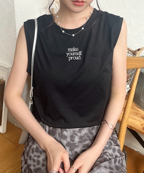 Rejoule(リジュール)の「前後2WAY ロゴ刺繍ノースリーブTシャツ(Tシャツ/カットソー・レディース・ブラック/ボルドー/オフホワイト・FREE)」の7枚目の写真
