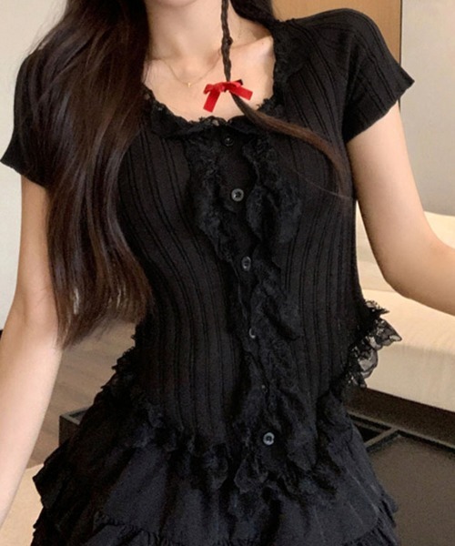 Miniministore(ミニミニストア)の「レースフリルニットトップスショート丈夏服(ニット/セーター・レディース・アイボリー/ブラック・FREE)」の2枚目の写真