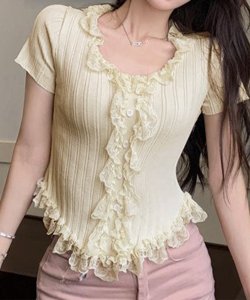 Miniministore(ミニミニストア)の「レースフリルニットトップスショート丈夏服(ニット/セーター・レディース・アイボリー/ブラック・FREE)」の3枚目の写真