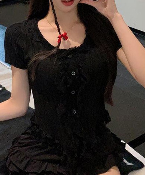 Miniministore(ミニミニストア)の「レースフリルニットトップスショート丈夏服(ニット/セーター・レディース・アイボリー/ブラック・FREE)」の6枚目の写真