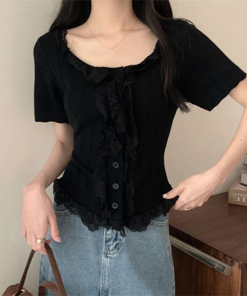 Miniministore(ミニミニストア)の「レースフリルニットトップスショート丈夏服(ニット/セーター・レディース・アイボリー/ブラック・FREE)」の8枚目の写真