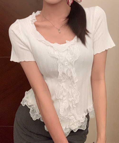 Miniministore(ミニミニストア)の「レースフリルニットトップスショート丈夏服(ニット/セーター・レディース・アイボリー/ブラック・FREE)」の10枚目の写真