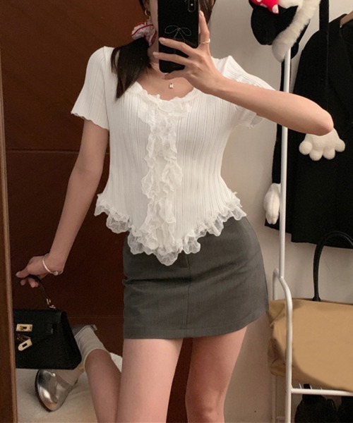 Miniministore(ミニミニストア)の「レースフリルニットトップスショート丈夏服(ニット/セーター・レディース・アイボリー/ブラック・FREE)」の11枚目の写真
