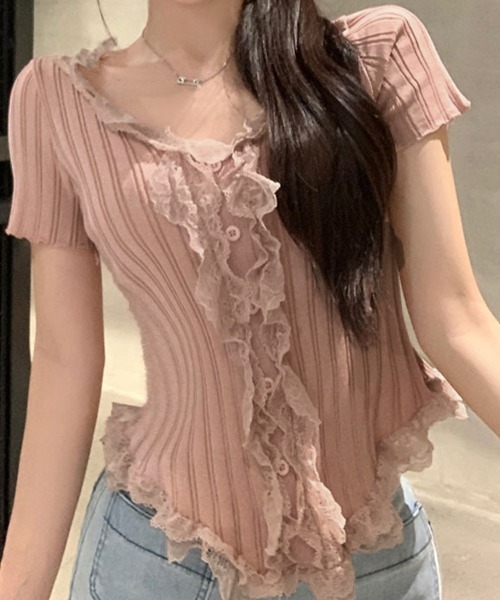 Miniministore(ミニミニストア)の「レースフリルニットトップスショート丈夏服(ニット/セーター・レディース・アイボリー/ブラック・FREE)」の12枚目の写真