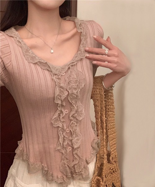 Miniministore(ミニミニストア)の「レースフリルニットトップスショート丈夏服(ニット/セーター・レディース・アイボリー/ブラック・FREE)」の14枚目の写真