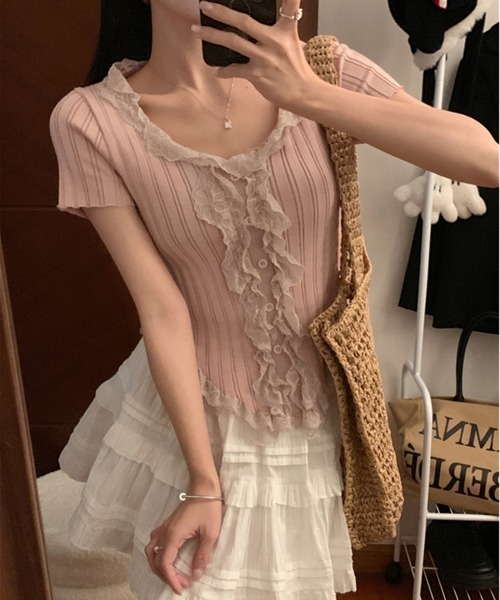 Miniministore(ミニミニストア)の「レースフリルニットトップスショート丈夏服(ニット/セーター・レディース・アイボリー/ブラック・FREE)」の15枚目の写真