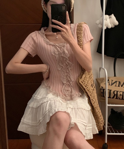 Miniministore(ミニミニストア)の「レースフリルニットトップスショート丈夏服(ニット/セーター・レディース・アイボリー/ブラック・FREE)」の16枚目の写真