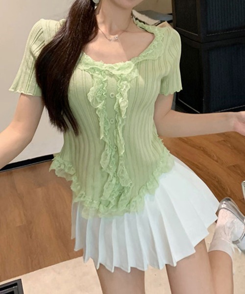 Miniministore(ミニミニストア)の「レースフリルニットトップスショート丈夏服(ニット/セーター・レディース・アイボリー/ブラック・FREE)」の17枚目の写真