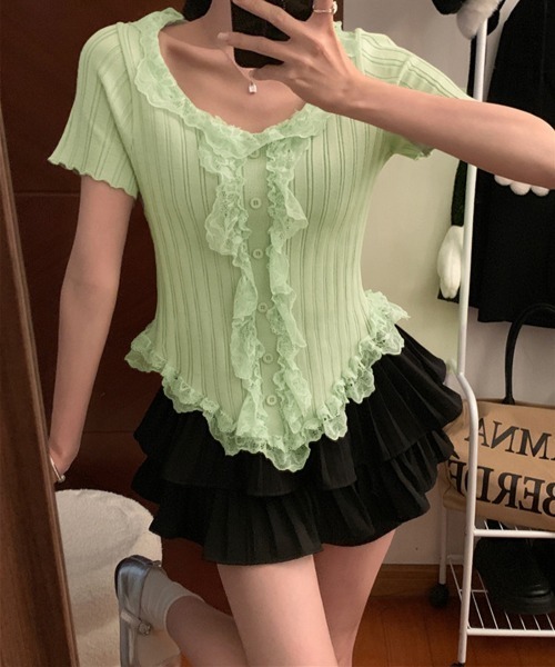 Miniministore(ミニミニストア)の「レースフリルニットトップスショート丈夏服(ニット/セーター・レディース・アイボリー/ブラック・FREE)」の18枚目の写真