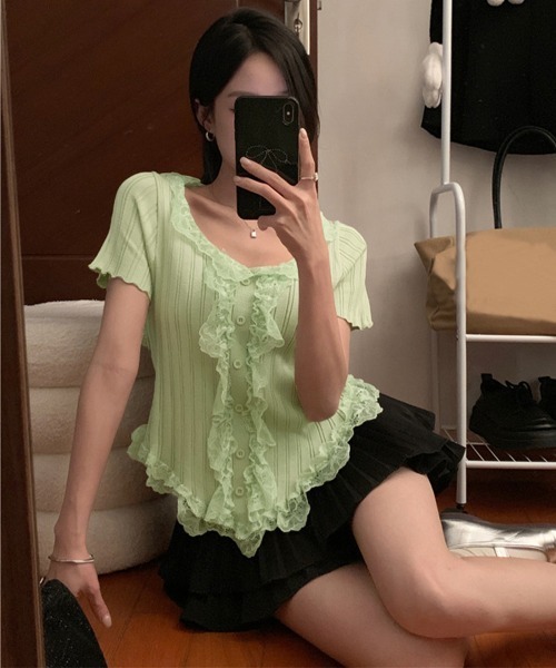 Miniministore(ミニミニストア)の「レースフリルニットトップスショート丈夏服(ニット/セーター・レディース・アイボリー/ブラック・FREE)」の19枚目の写真