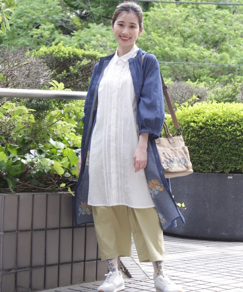 コットンナイロンストレッチダリアブーケポイント刺繍オーバルパンツ