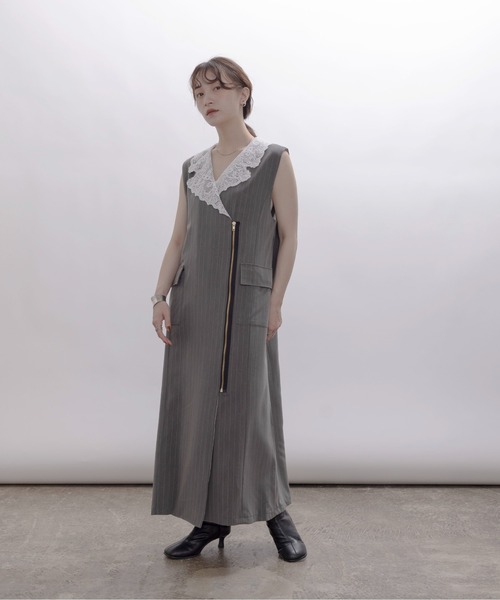 ellesse 水色リブ編みスカート M アイスマウンテンブルー 裾レース透かしニットプルオーバー/earth music&ecology（アース