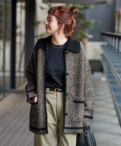 B.C STOCK（ベーセーストック）の「手洗い可 / ツイード調パイルニットジャケット（カーディガン/ボレロ・レディース・ブラック/ベージュ系その他・FREE）」の7枚目の写真