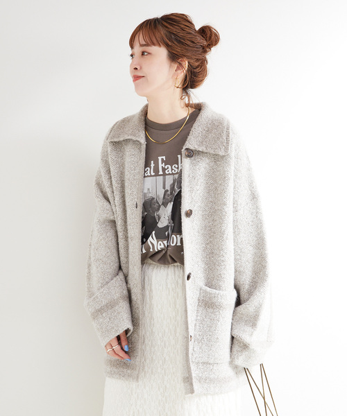セール】手洗い可 / ツイード調パイルニットジャケット（カーディガン
