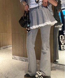 スカート レイヤー レースデザイン フレアスウェットパンツ