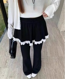スカート レイヤー レースデザイン フレアスウェットパンツ