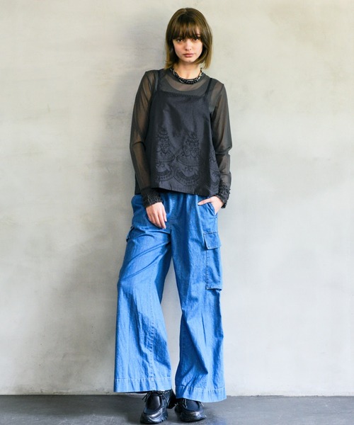 H.A.K（ハク）の「スーピマリネンラミー　ライトオンスストレッチデニムワイドカーゴパンツ（デニムパンツ・レディース・ブルー/ネイビー・2/1）」の6枚目の写真