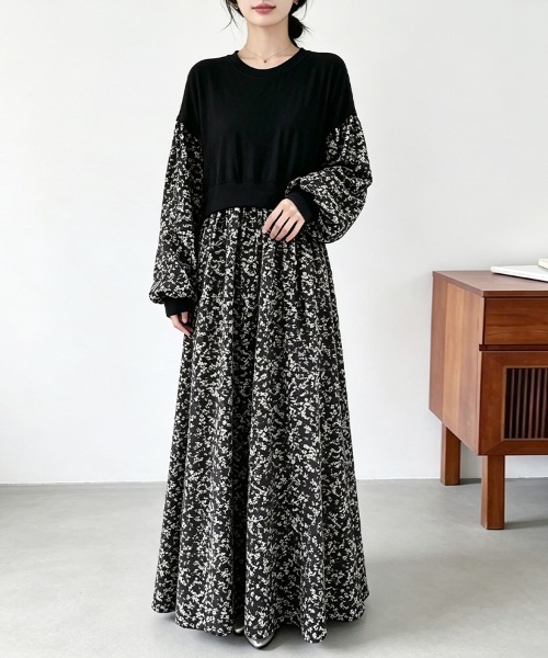 ONEP STAR(ワンピスター)の「ドッキング花柄ロングワンピース(ワンピース・レディース・ベージュ×ブラック/ベージュ/ブラック・FREE)」の6枚目の写真