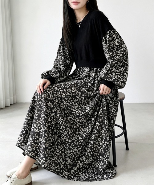 ONEP STAR(ワンピスター)の「ドッキング花柄ロングワンピース(ワンピース・レディース・ベージュ×ブラック/ベージュ/ブラック・FREE)」の8枚目の写真