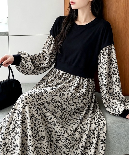 ONEP STAR(ワンピスター)の「ドッキング花柄ロングワンピース(ワンピース・レディース・ベージュ×ブラック/ベージュ/ブラック・FREE)」の10枚目の写真