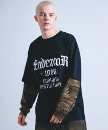Revo. | カモフラ ワッフルスリーブ フェイクレイヤード ロゴプリント ロングTシャツ 【UNISEX】(Tシャツ/カットソー)