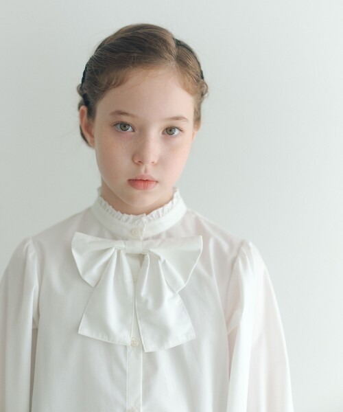 スタンドカラー フリルリボン ブラウス / キッズ 140cm-160cm（シャツ