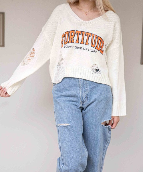 GORGE（ゴージ）の「《ダメージ×ロゴ》レディース あぜ編み ニットプルオーバー 短丈 トレンド 秋冬（ニット/セーター・レディース・アイボリー/ネイビー/ブラウン・F）」の10枚目の写真