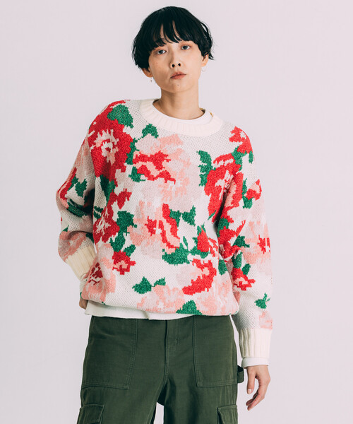 Freada(フリーダ)の「Freada/フリーダ モールヤーン花柄ニット(ニット/セーター・レディース・ブラック/オフホワイト・ONE SIZE)」の3枚目の写真