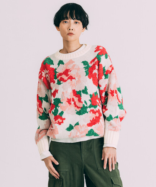 Freada(フリーダ)の「Freada/フリーダ モールヤーン花柄ニット(ニット/セーター・レディース・ブラック/オフホワイト・ONE SIZE)」の4枚目の写真