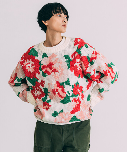 Freada(フリーダ)の「Freada/フリーダ モールヤーン花柄ニット(ニット/セーター・レディース・ブラック/オフホワイト・ONE SIZE)」の5枚目の写真