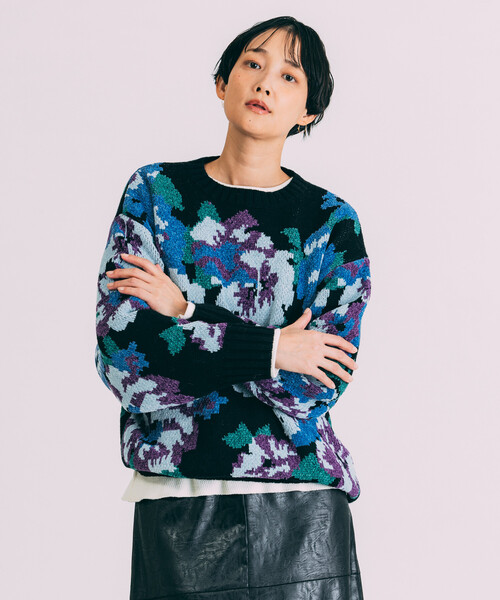 Freada(フリーダ)の「Freada/フリーダ モールヤーン花柄ニット(ニット/セーター・レディース・ブラック/オフホワイト・ONE SIZE)」の15枚目の写真