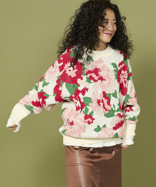 プラダ PRADA 2019年製 ニット セーター 長袖 花柄 総柄 フローラル セール】Freada/フリーダ モールヤーン花柄ニット（ニット/セーター
