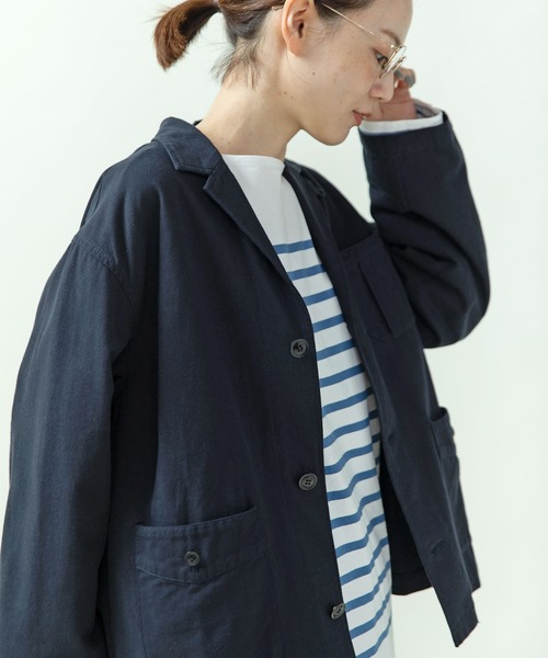 PAR ICI（パーリッシィ）の「綿麻ギャバ ワークジャケット(セットアップ対応)（テーラードジャケット・レディース・ネイビー/ベージュ・FREE）」の2枚目の写真