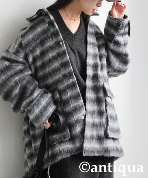 antiqua(アンティカ)の「異素材 切替え チェックジャケット(その他アウター・レディース・ブラックミックス/グリーン系その他・ONESIZE)」の2枚目の写真