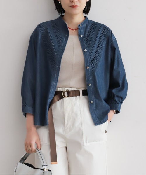 NOMBRE IMPAIR(ノンブルアンペール)の「ねじりピンタックデニム スタンドショートシャツ(シャツ/ブラウス・レディース・ブルー/サックスブルー・FREE)」の1枚目の写真