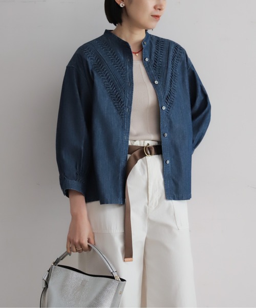 NOMBRE IMPAIR(ノンブルアンペール)の「ねじりピンタックデニム スタンドショートシャツ(シャツ/ブラウス・レディース・ブルー/サックスブルー・FREE)」の22枚目の写真